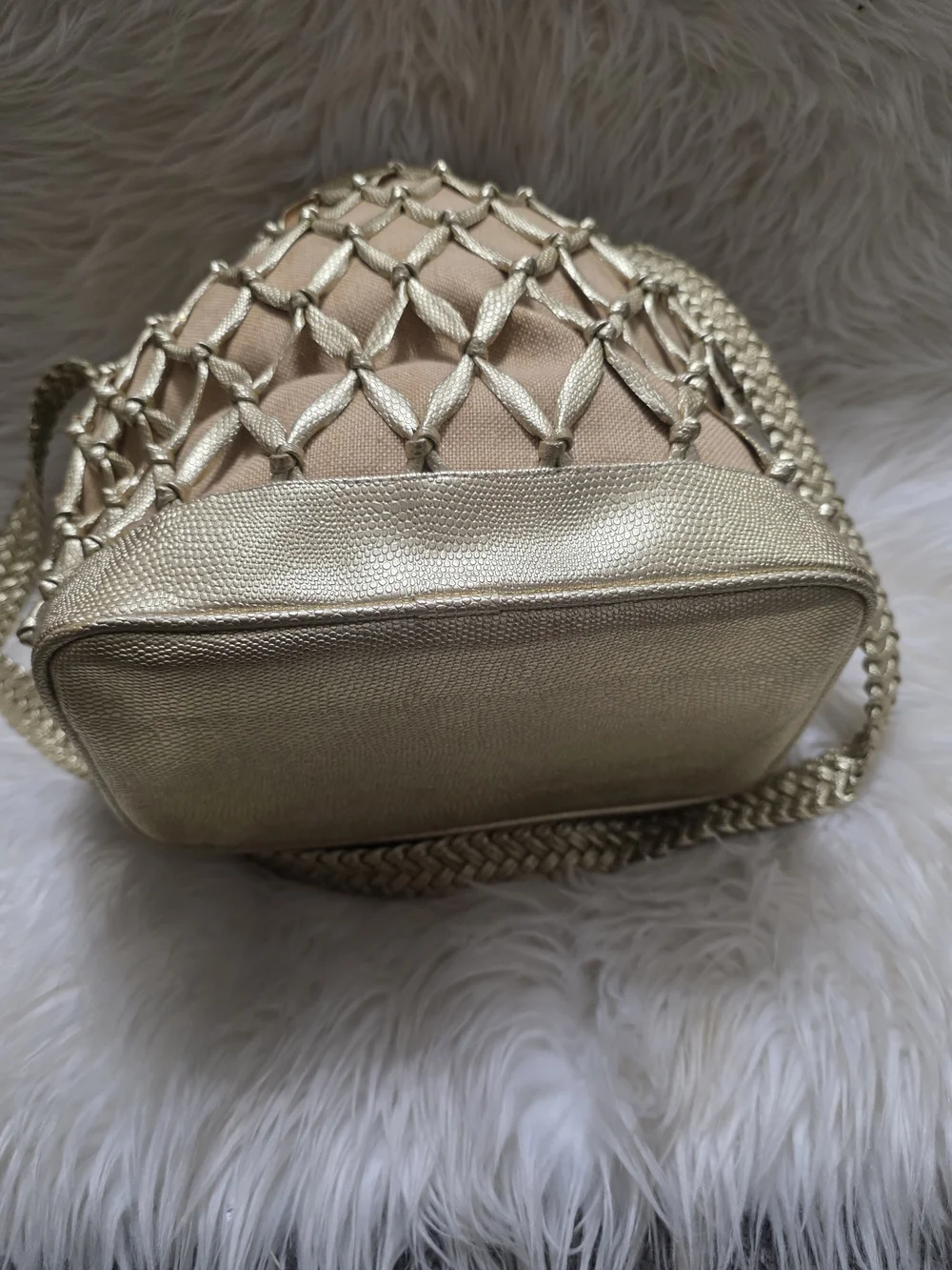 Metallic Gold Woven Drawstring Shoulder Bag
